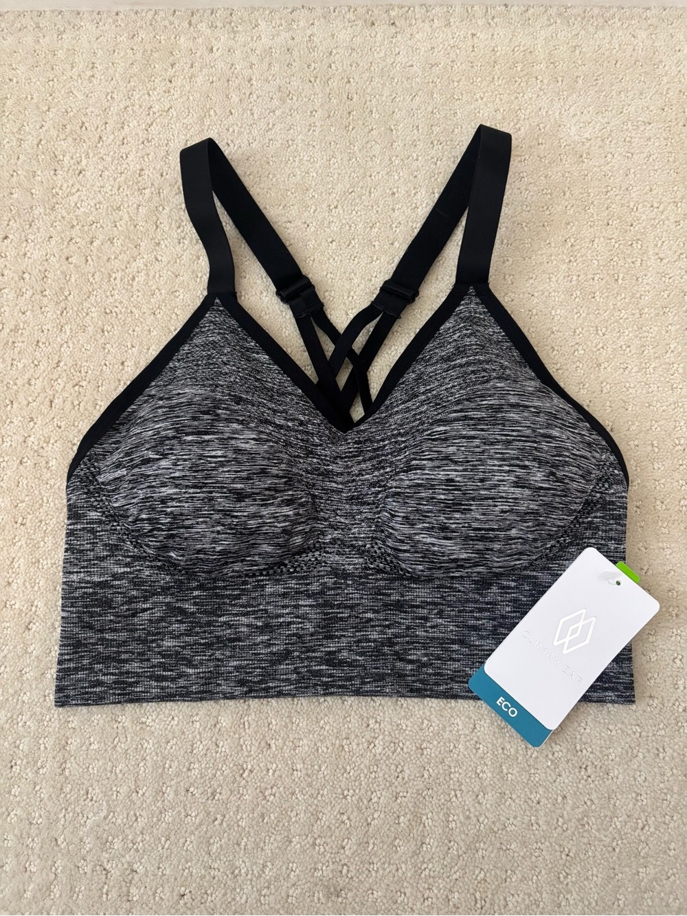 Women’s Heathered Grey Black Sports Bra Bralette Strappy Back Removable Cups